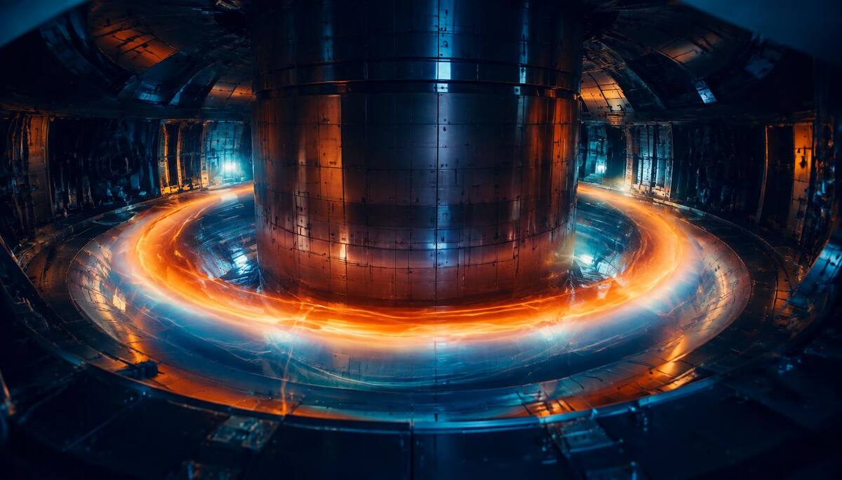 Glowing plasma ring inside a fusion reactor chamber